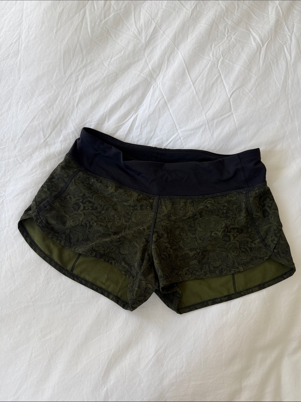 Lululemon Women's Olive Green Floral-Overlay Active Shorts